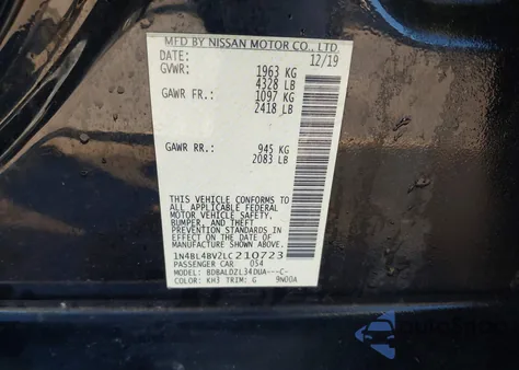 2020 Nissan Altima S Fwd from USA, damaged, VIN 1N4BL4BV2LC210723